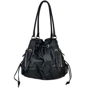 Cole Haan Drawstring Hobo Bag Black Leather Large Shoulder Bag Silver Hardware